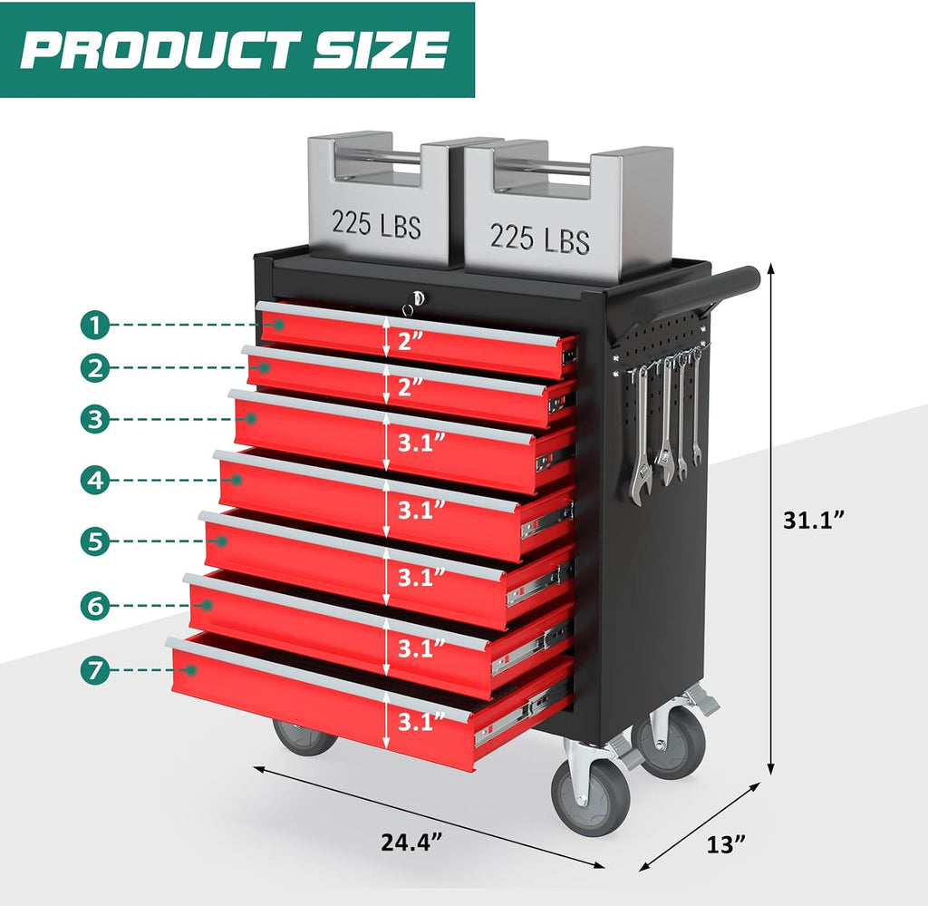 7-Drawer Rolling Tool Chest with Wheels, Tool Box with Locking System and Sliding Drawers, Tool Box Organizer for Garage, Warehouse, Workshop(BlackRed)