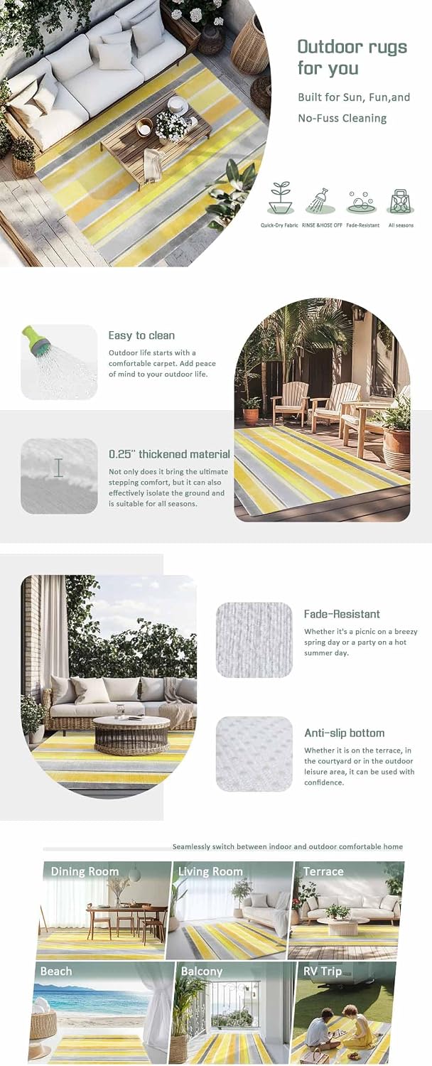 Outdoor Rug 4x6ft Classic Yellow Gray Stripes Patio Area Rugs Waterproof Easy Cleaning Non Shedding Thick Mats Europe Carpet for Indoor Outdoor Porch Deck Backyard Balcony
