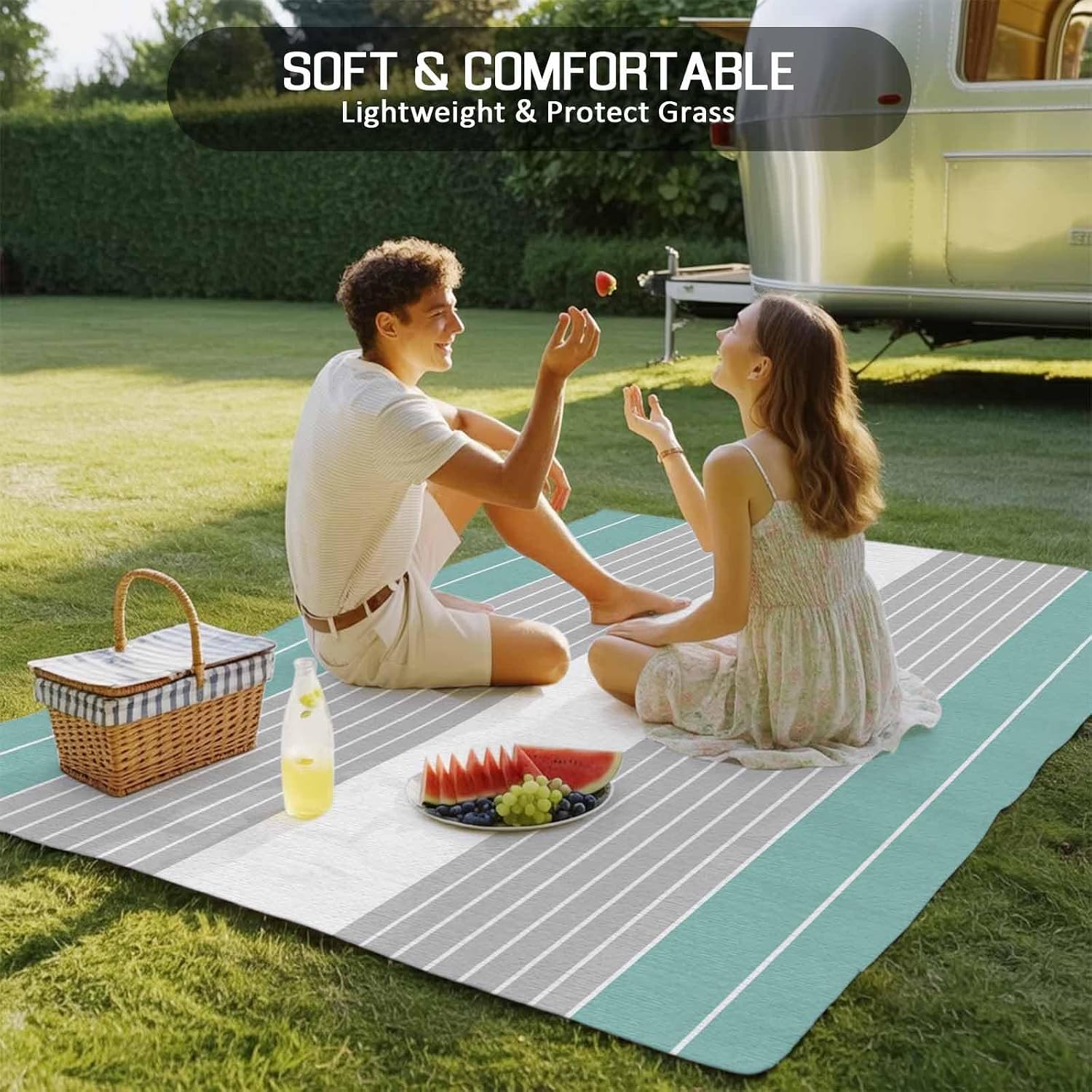 Outdoor Rug 4x6ft Turquoise Grey Striped Line Patio Area Rugs Waterproof Easy Cleaning Non Shedding Thick Mats Carpet for Indoor Outdoor Porch Deck Backyard Balcony