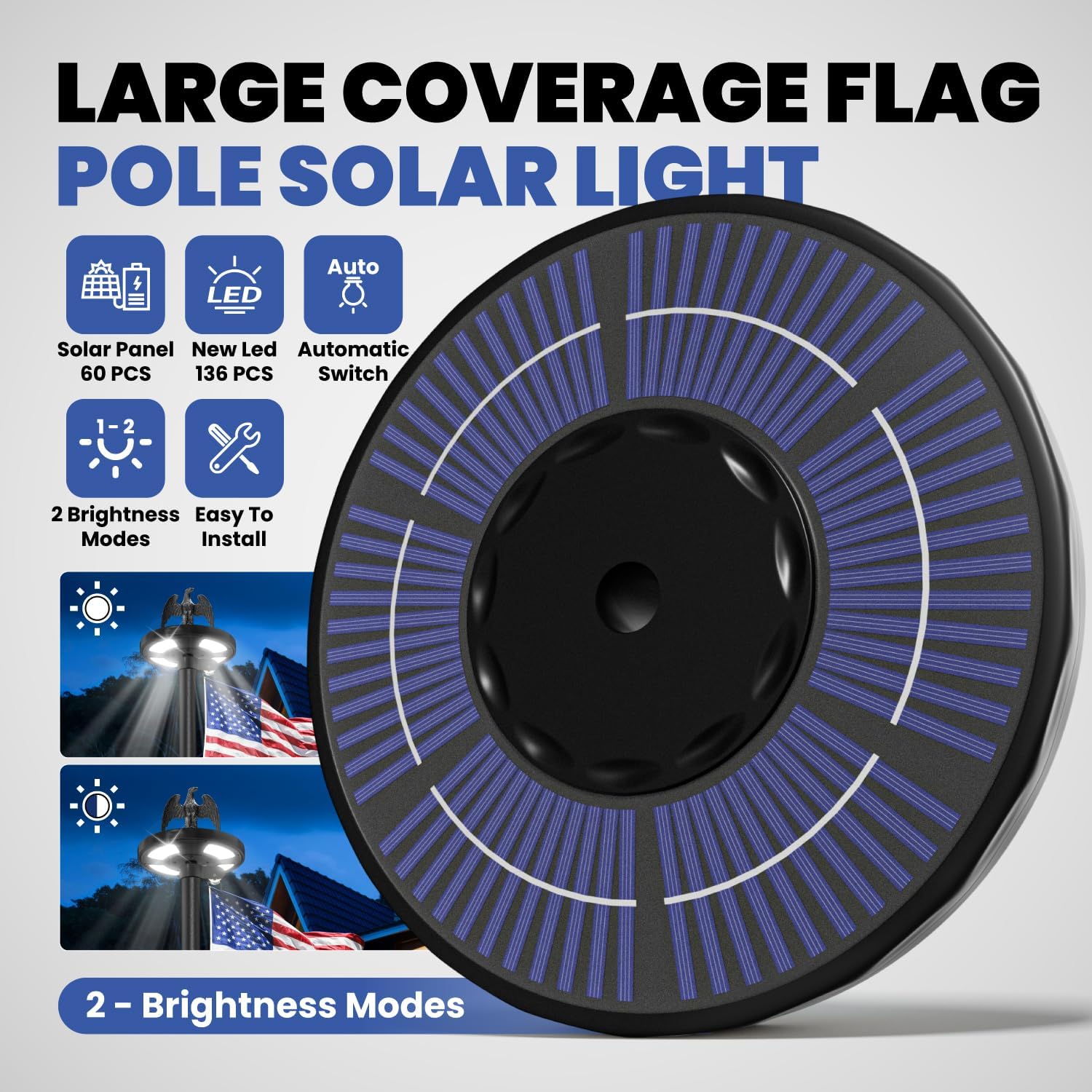20FT Heavy Duty Flag Pole for Outside House, 100MPH Wind Rated 12 Gauge Extra Thick Aluminum Flagpole Kit, Black Eagle Topper & Solar Light, All-Weather Yard Display with Ground Sleeve, 3x5 USA Flag (Black, 20 FT with Light)