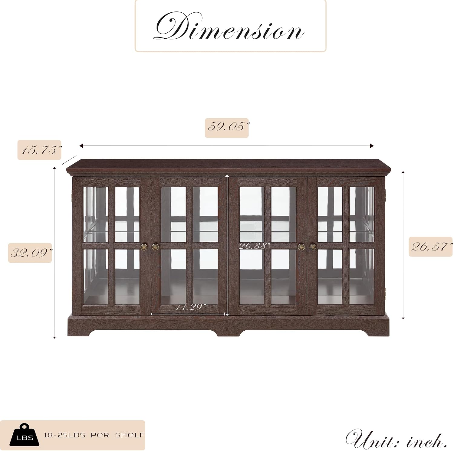59' W LED Curio Cabinet with 7 Color Lights, Vintage Glass Display Case with Glass Doors, Smartphone-Controlled, Short Wooden China Cabinet with Adjustable Shelves for Entryway(Dark Cherry)