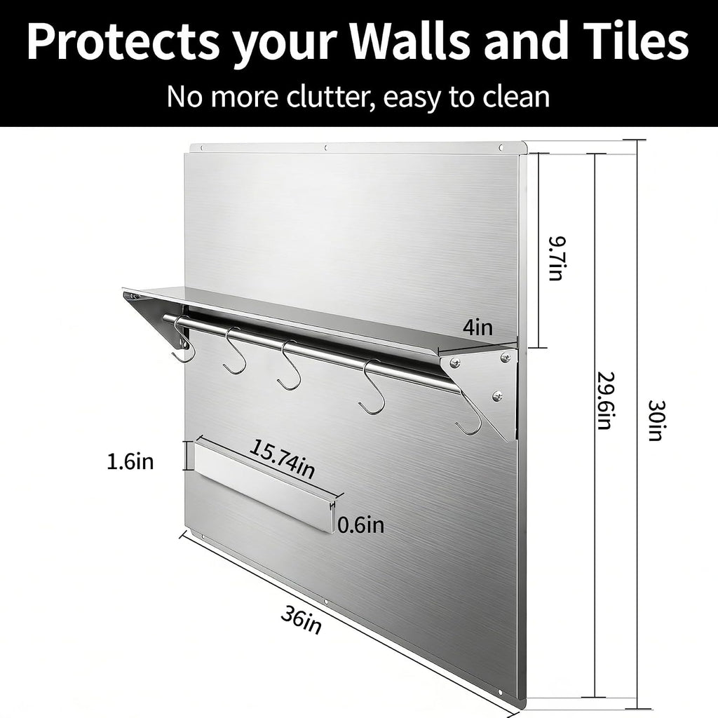 Range Backsplash – 36'x30' Stainless Steel Backsplash with Storage Shelf & Magnetic Knife Holder, Stove Backsplash for Kitchen Wall Protection, Pre-Drilled Holes for Easy Installation & Easy Clean