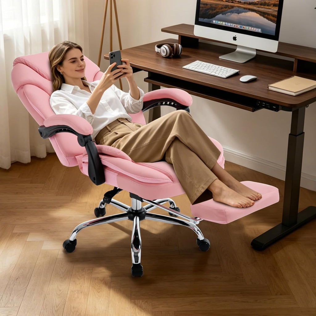 Comfy Reclining Office Chair with Footrest for Women Wide Seat Big Tall Computer Gaming Chair, 500lb Plus Size Ergonomic Recliner Office Desk Chair with Leg Rest, Pink