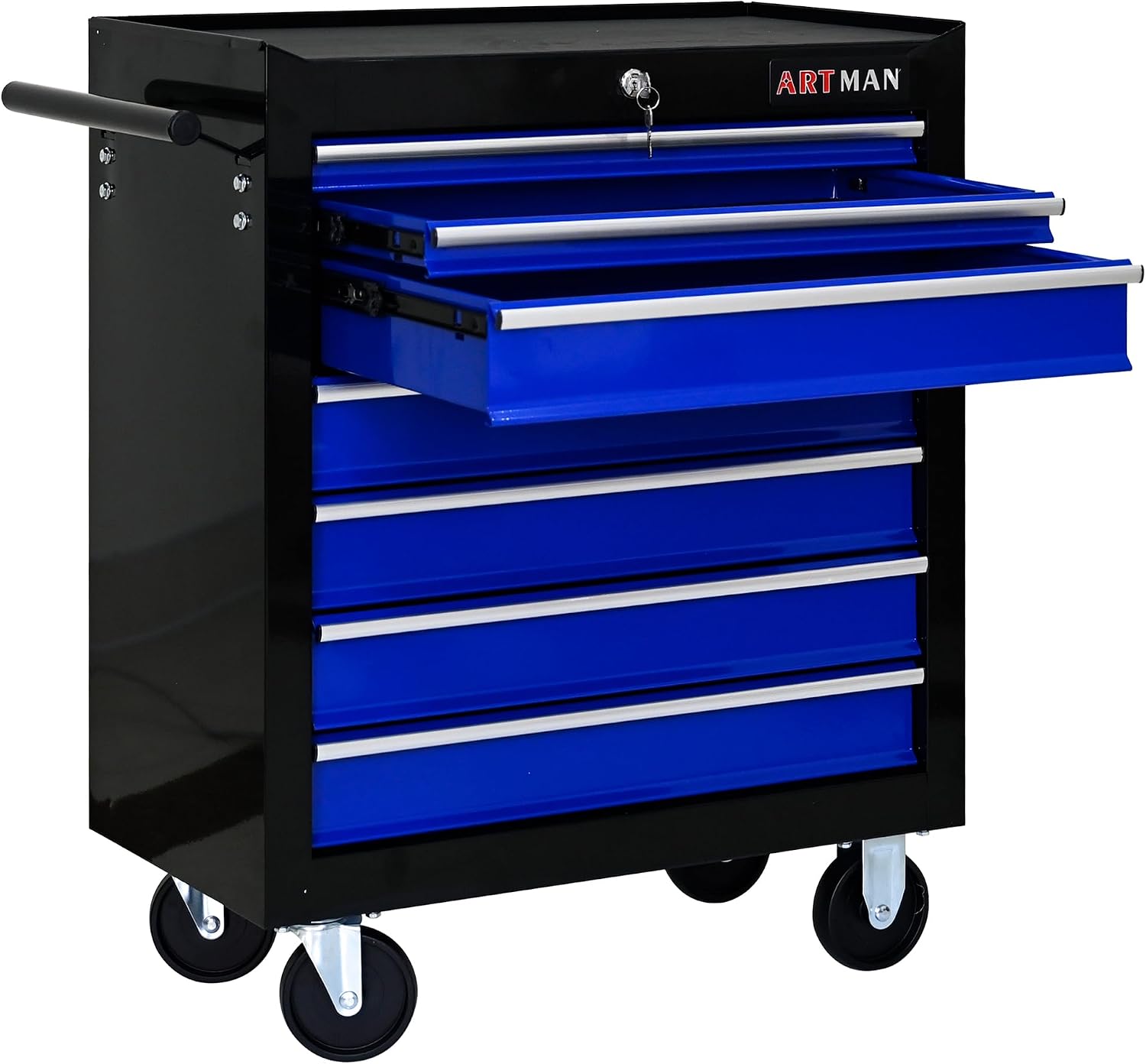 Rolling Tool Cart with 7 Drawers, Lockable Heavy-Duty Steel Tool Cabinet on Wheels, 300 lb Capacity, Ball-Bearing Slides, Powder-Coated Finish, Garage Workshop Tool Storage Black+Blue