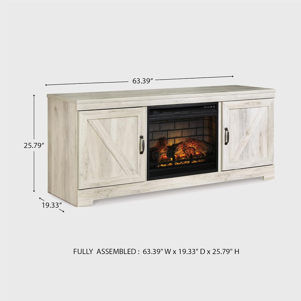 Signature Design by Ashley Bellaby Farmhouse 63' TV Stand with Electric Fireplace for TVs up to 72', Whitewash