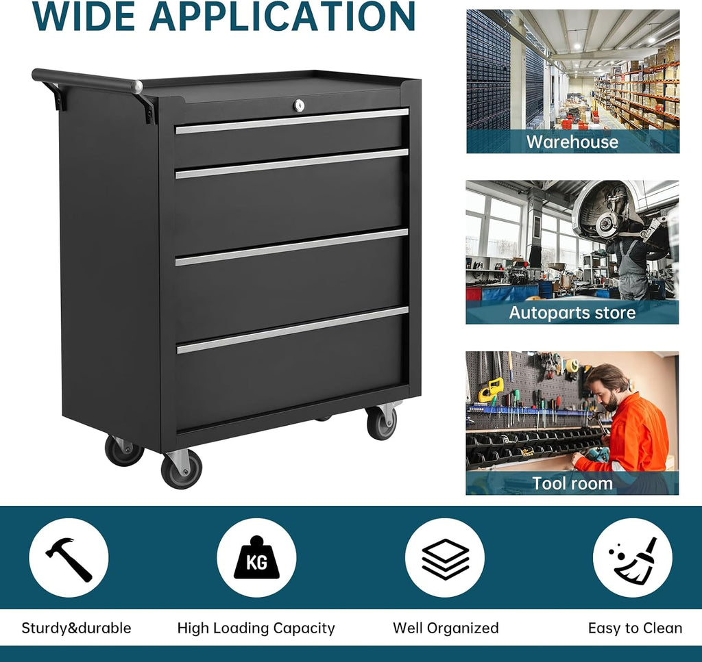 GarveeLife 4-Drawer Tool Box 24' Garage Tool Box with Key Lock and Removable Drawer Liners, Wheeled Design, Suitable for Garages, Warehouses, Workshops, and Repair Shops - Black