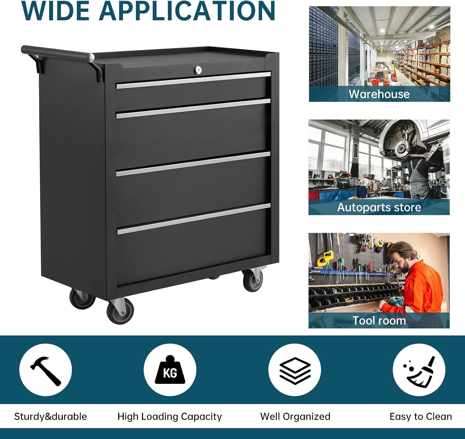 GarveeLife 4-Drawer Tool Box 24' Garage Tool Box with Key Lock and Removable Drawer Liners, Wheeled Design, Suitable for Garages, Warehouses, Workshops, and Repair Shops - Black