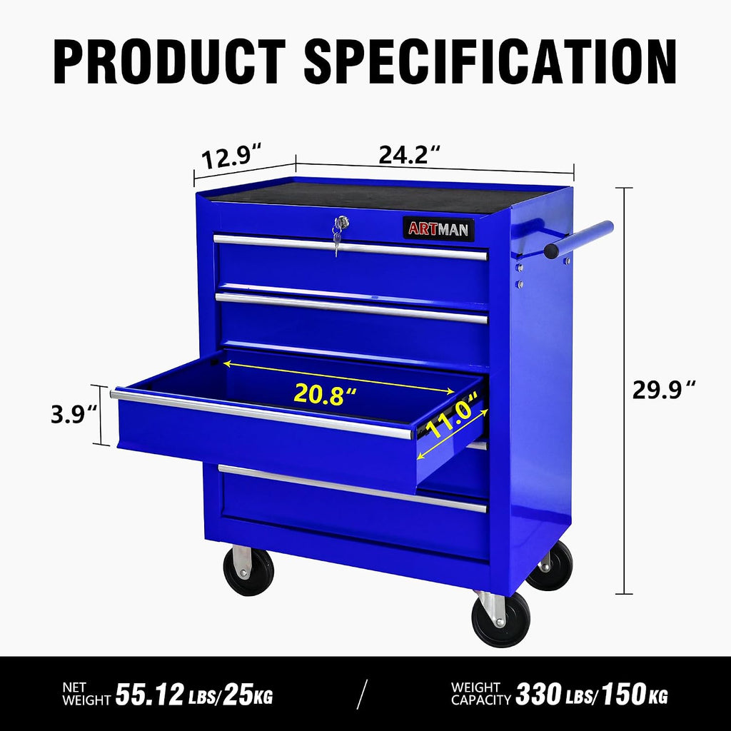 5 Drawers Tool Cart on Wheels, 5 Drawer Rolling Tool Chest with Key Lock, Trolley Organizer Tool Case, Multifunctional Rolling Tool Box for Garage,Warehouse,Workshop,Repair Shop (Blue)