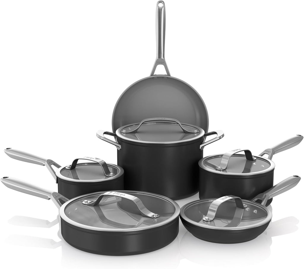 Ninja Ceramic Pro 11-Piece Cookware Set, Non-Stick Pots & Pans Set with Glass Lids, Nontoxic, PTFE Free, Ceramic Coated, Oven Safe, All Stovetops & Induction Compatible, Black, CW39011BK