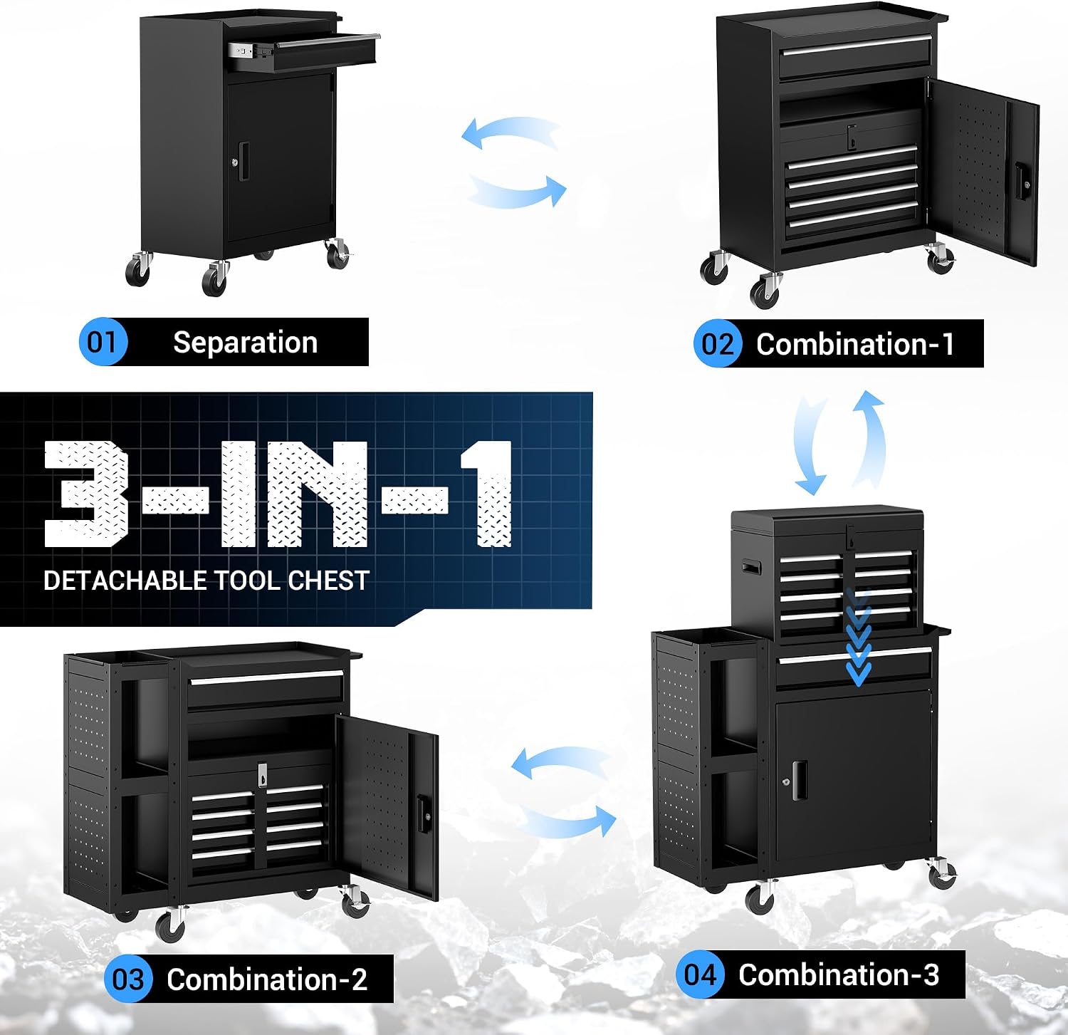 Metal Tool Chest, 5 Drawer Rolling Tool Chest with Wheels, Assembled Tool Storage Cabinet with Locking, Sliding Drawers & Detachable Top Tool Box, for Repair Room Warehouse Garage Workshop