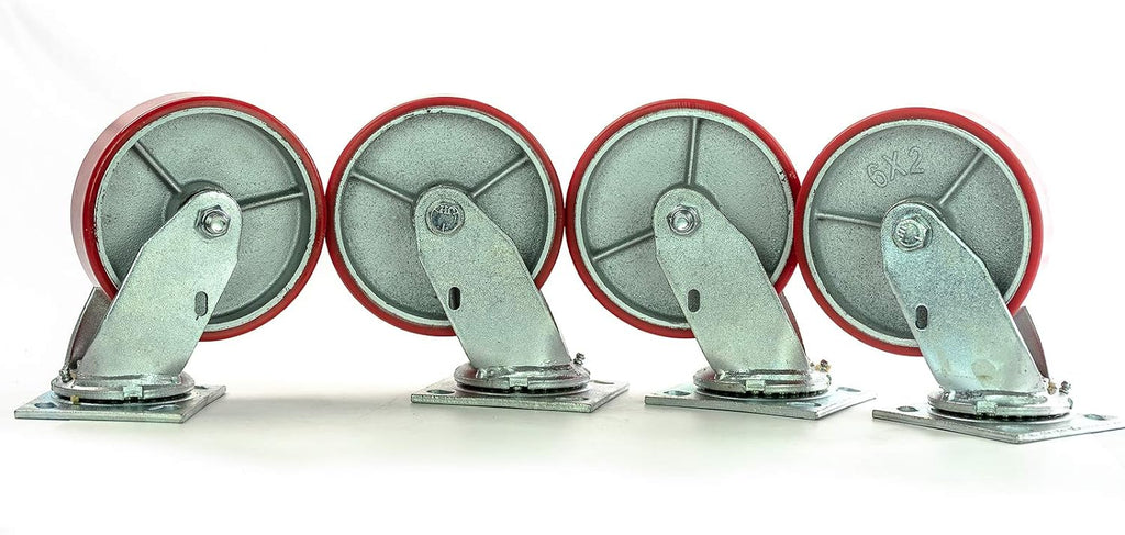 6'x2' Swivel Casters Heavy Duty Polyurethane Wheel on Steel Hub Supports 4,800 lbs, 1,200 lb Each Wheel, Set of (4), Perfect for Tool Box, Furniture, Musician Instrument Cases
