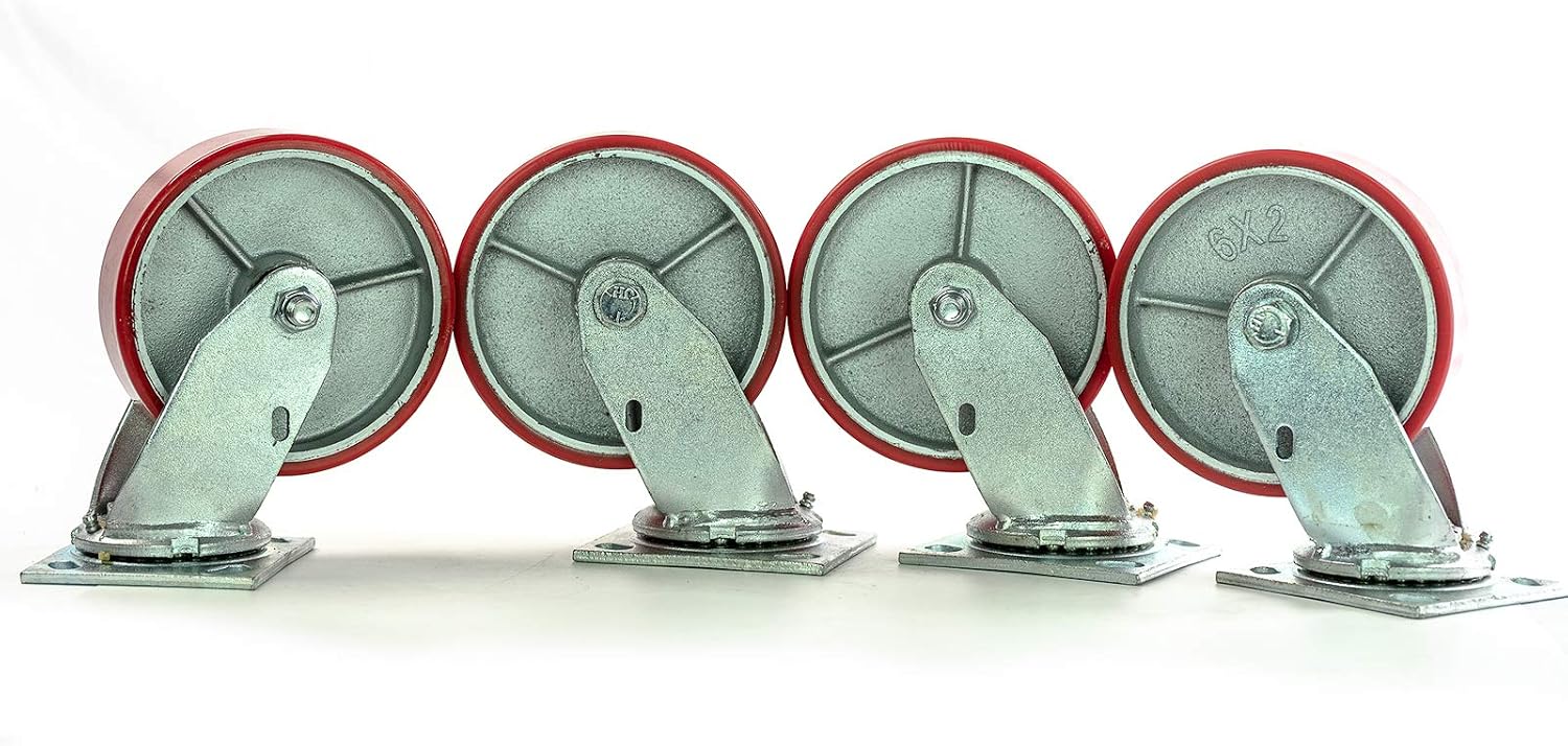 6'x2' Swivel Casters Heavy Duty Polyurethane Wheel on Steel Hub Supports 4,800 lbs, 1,200 lb Each Wheel, Set of (4), Perfect for Tool Box, Furniture, Musician Instrument Cases