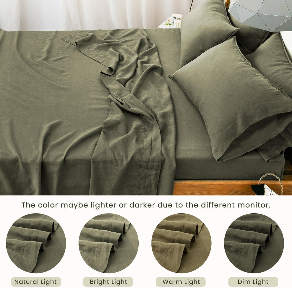 S VICTORY SYMBOL 100% Organic Linen Sheets Set Queen Size,Washed French Flax Bed Sheets 4Pcs(2 Pillowcases,1 Fitted Sheet,1 Flat Sheet) Burnt Olive