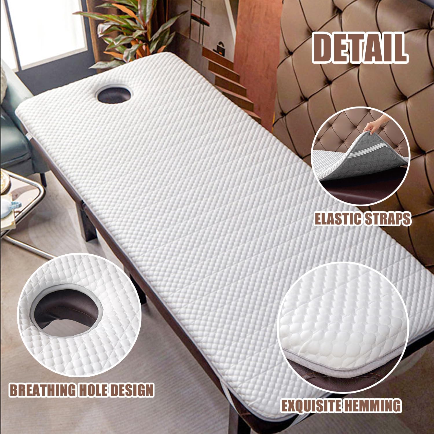 Thicken Topper for Massage Bed 7Cm Spa Massage Table Pad with Elastic Band Beauty Salon Bed Pad Non-Slip Lash Bed Cushion for Beauty and Massage Round Trapezoid Head,White/a(s),70 * 190cm(N)
