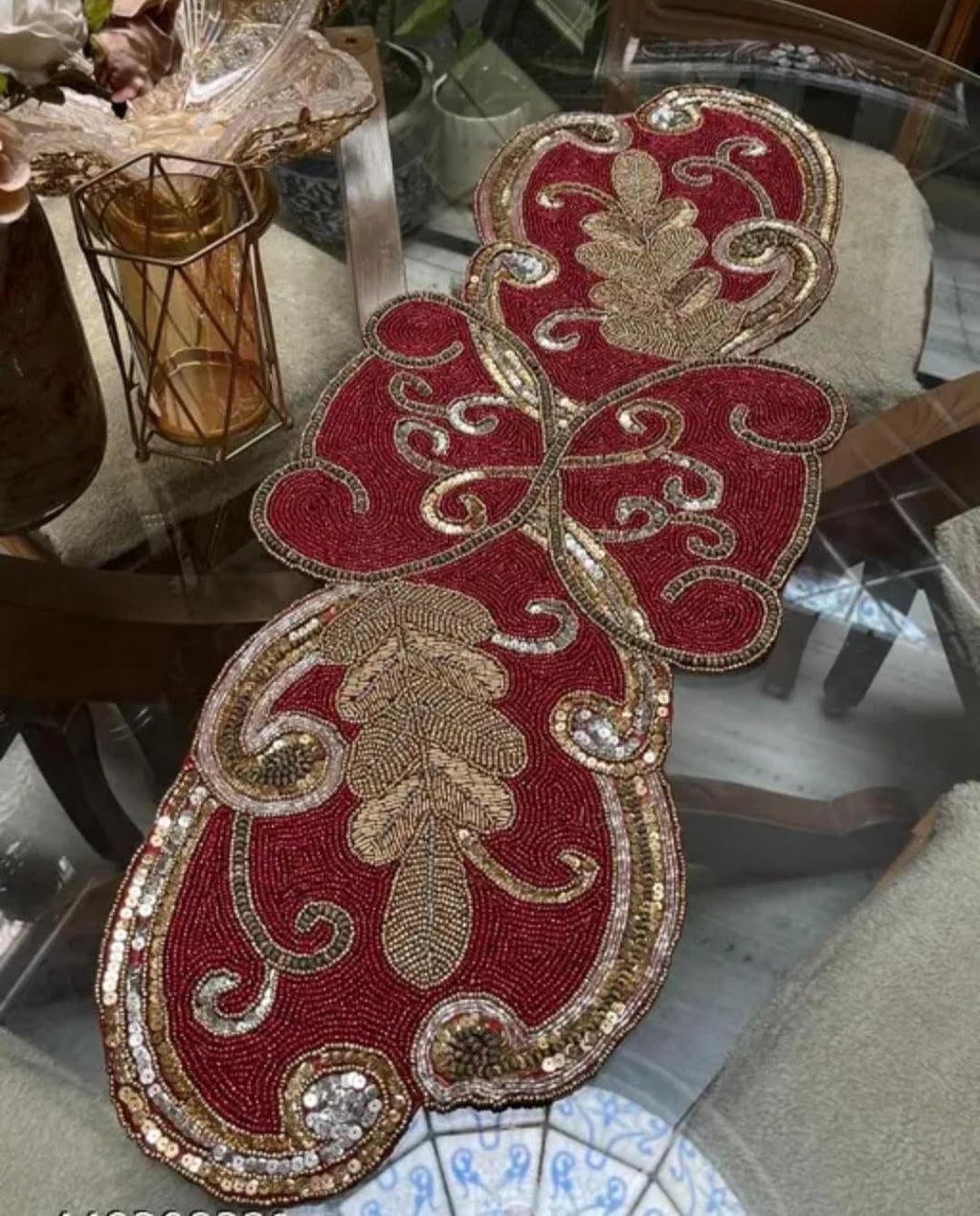 Beaded Table Runner, Red and Gold, Heart-Shaped Design, Decorative Embellished Centerpiece