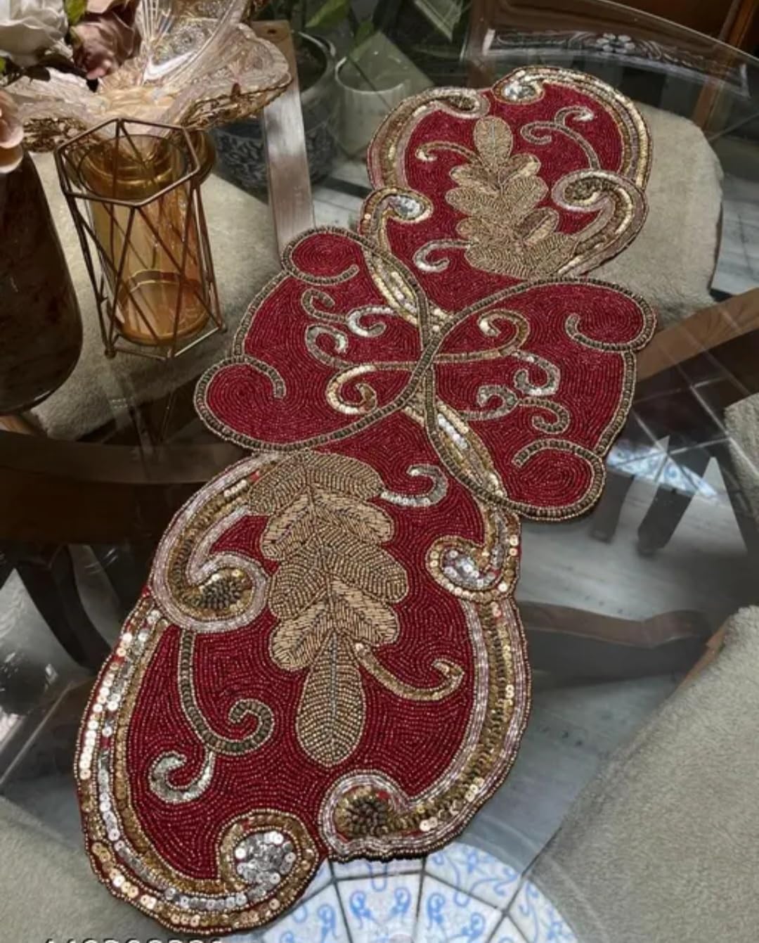 Beaded Table Runner, Red and Gold, Heart-Shaped Design, Decorative Embellished Centerpiece
