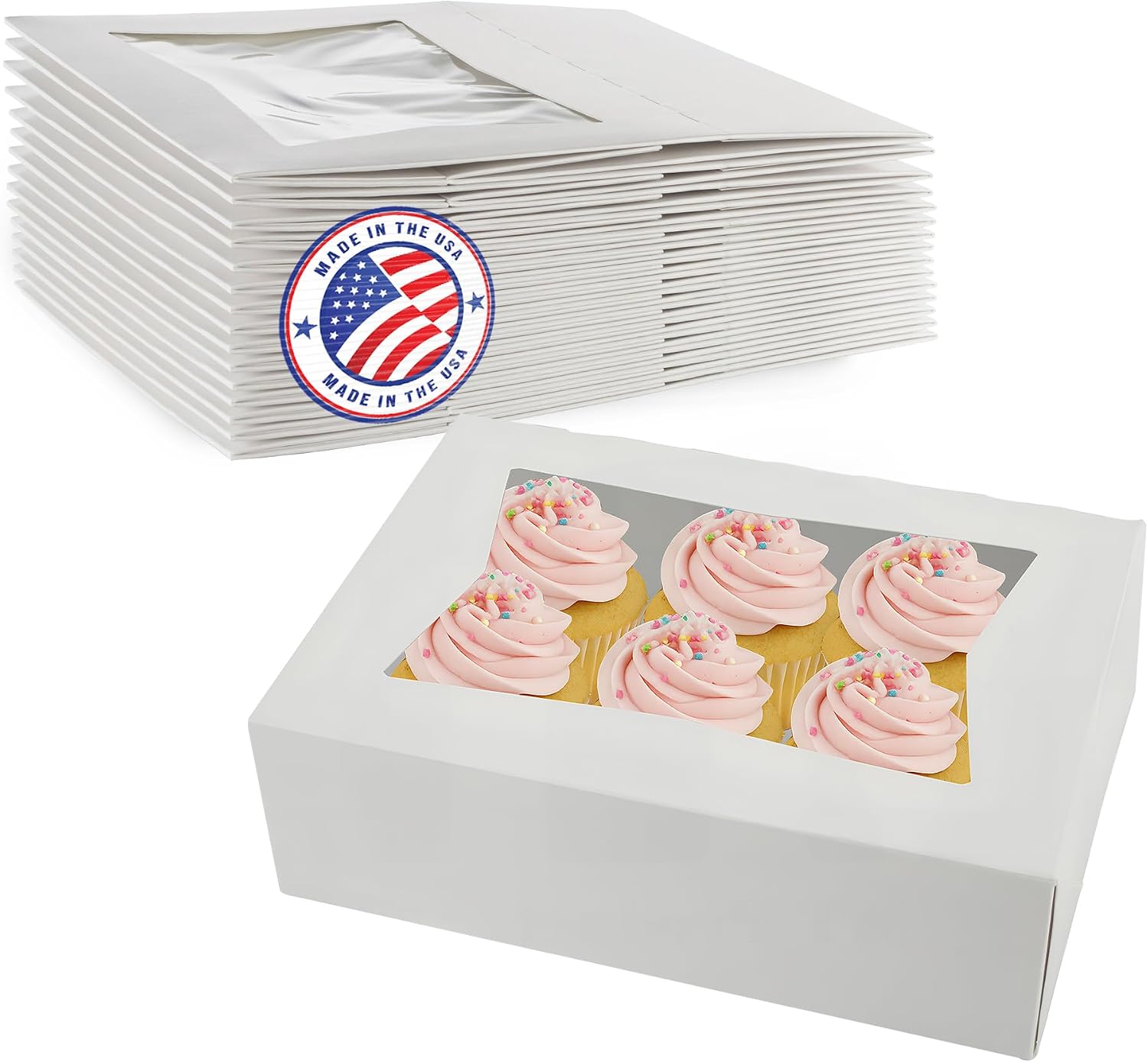 MT Products Cupcake Boxes - Size of 8' x 5.75' x 2.5' - (Case of 200) Auto Pop Up Dessert Box - White Bakery Boxes with Window for Muffins, Donuts, and Cookies - Made in the USA