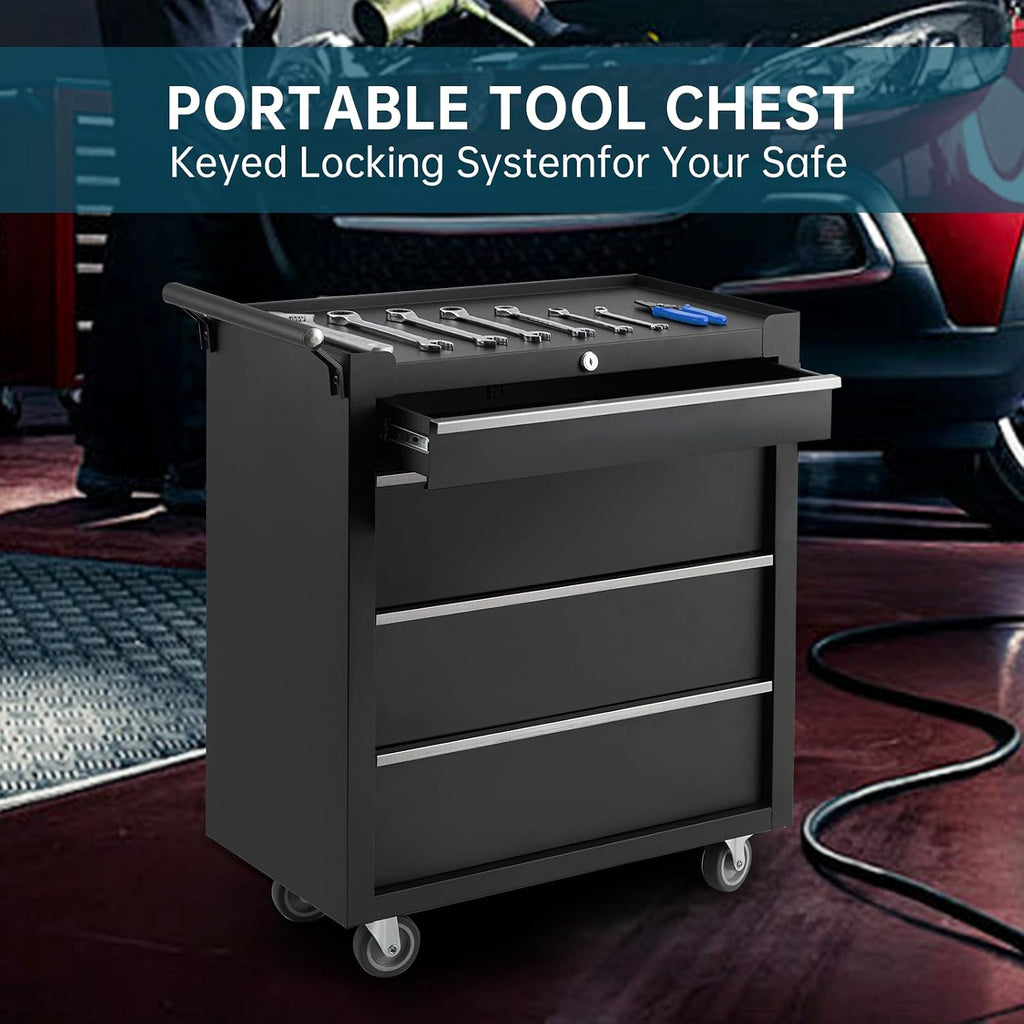 GarveeLife 4-Drawer Tool Box 24' Garage Tool Box with Key Lock and Removable Drawer Liners, Wheeled Design, Suitable for Garages, Warehouses, Workshops, and Repair Shops - Black