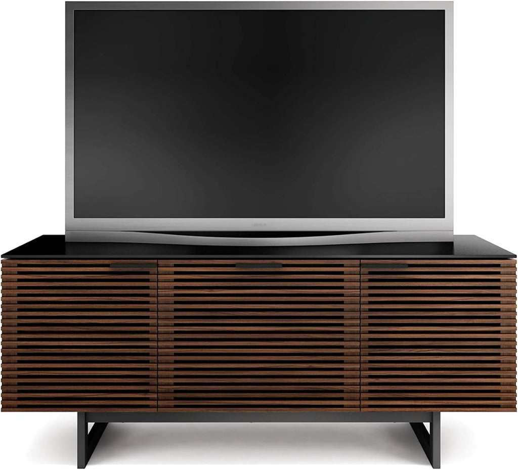 BDI Furniture Corridor 8177-65'' TV Stand for TVs up to 70' with Soundbar Shelf, Storage Drawer, Cable Management, Remote-Friendly Louver Doors, Satin-Etched Glass Top, Chocolate Stained Walnut