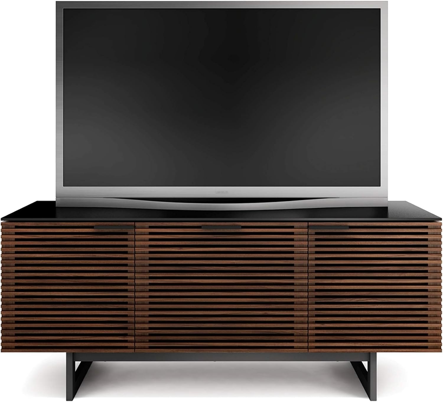 BDI Furniture Corridor 8177-65'' TV Stand for TVs up to 70' with Soundbar Shelf, Storage Drawer, Cable Management, Remote-Friendly Louver Doors, Satin-Etched Glass Top, Chocolate Stained Walnut