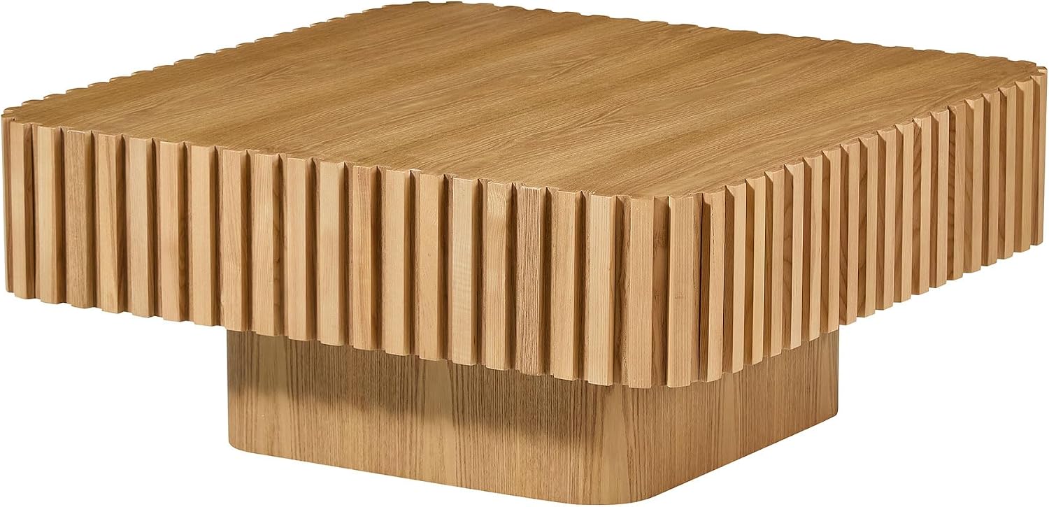 31.49'' Square Coffee Table Set of 2 for Living Room, Modern Wood Drum Pedestal Flute Embossment Coffee Table, Easy Assembly (Natural, 2-Pcs)