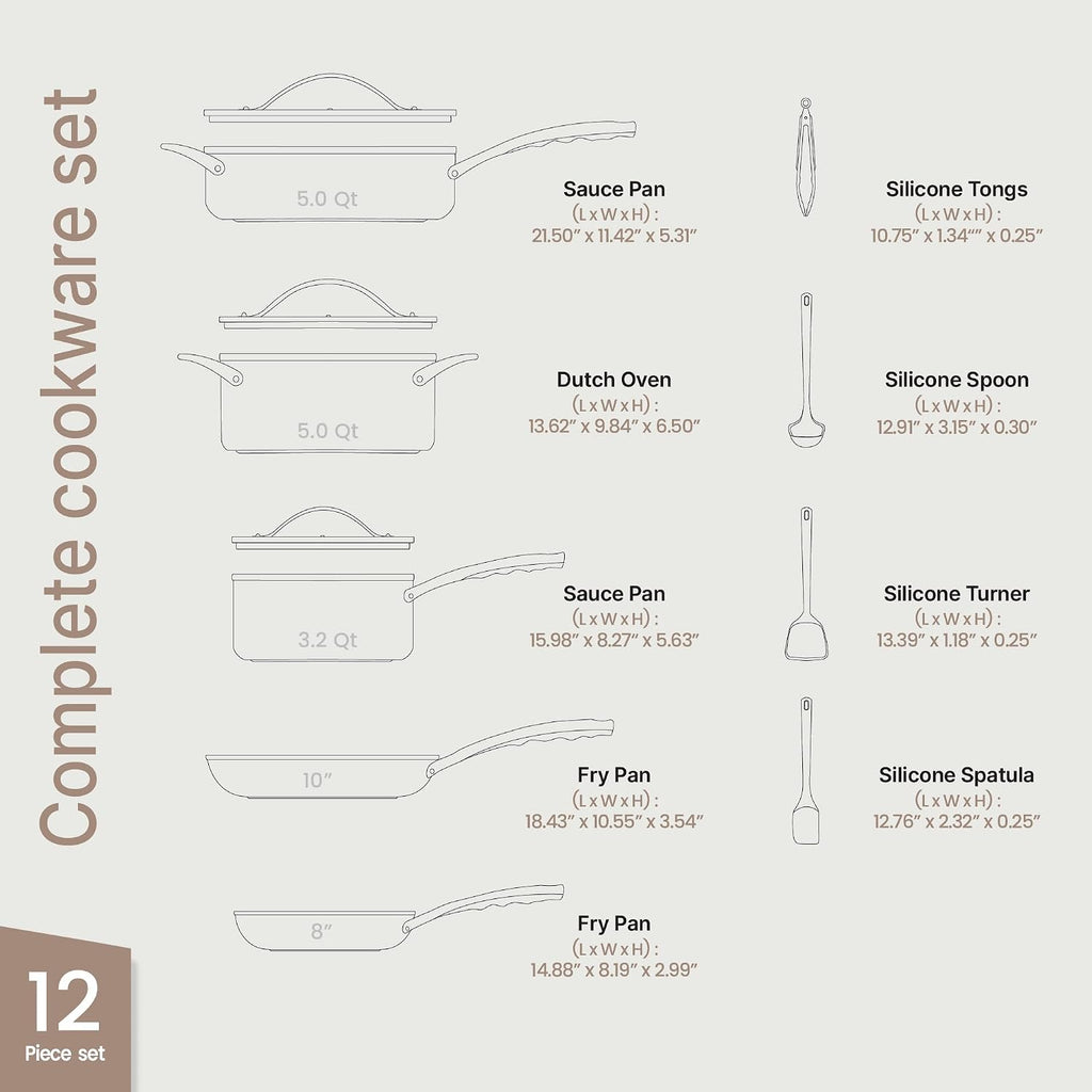 Bakken 12-Piece Ceramic Cookware Set, Nonstick Pots and Pans Set, Non-Toxic PTFE & PFAS-Free Cookware with Silicone Utensils, Induction & All Stovetops Compatible, Dishwasher Safe, Blue