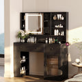 VINGLI Vanity Desk with Sliding Mirror and Lights, Glass Top Makeup Vanity Table w/Glass Cabinets w/Hidden Jewelry Storage & Power Outlets & Hairdryer Holder, 43in Black Dressing Table Gifts