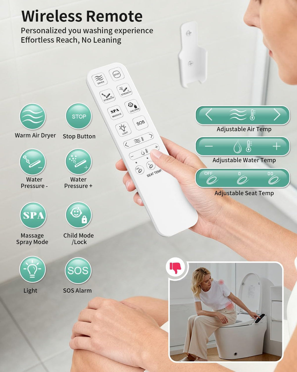 SR SUN RISE Electric Bidet Toilet Seat Elongated - Dual Nozzles for Female & Hip, Comfort Heated Seat & Air Dryer, 6 Wash Modes, Remote & Knob Control, Silent Close Lid, Nightlight, Ultra-Slim