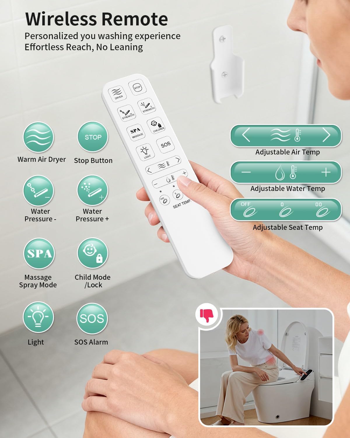 SR SUN RISE Electric Bidet Toilet Seat Elongated - Dual Nozzles for Female & Hip, Comfort Heated Seat & Air Dryer, 6 Wash Modes, Remote & Knob Control, Silent Close Lid, Nightlight, Ultra-Slim