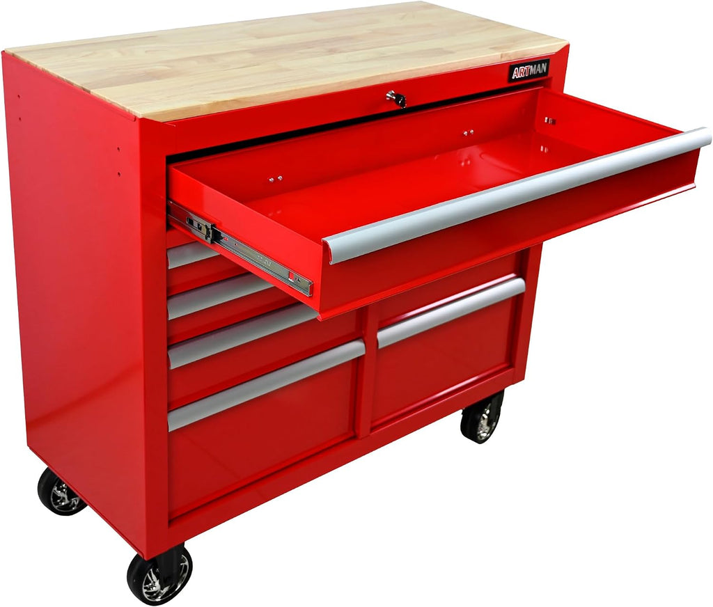 Large Tool Chest with Wheels, Rolling Toolbox with 9 Drawers, Metal Storage Tool Cart with 42'' Wood Top and Side Handle for Garage, Shop (Bonus Drawer Liners) — Red