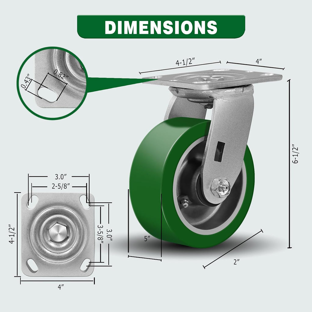 5'X2' Caster Wheels, Heavy Duty Casters Set of 4, Aluminum Core Thickened Polyurethane Industrial Casters for Toolbox Workbench, 4000 Lbs Total Capacity (2 Swivel & 2 Rigid