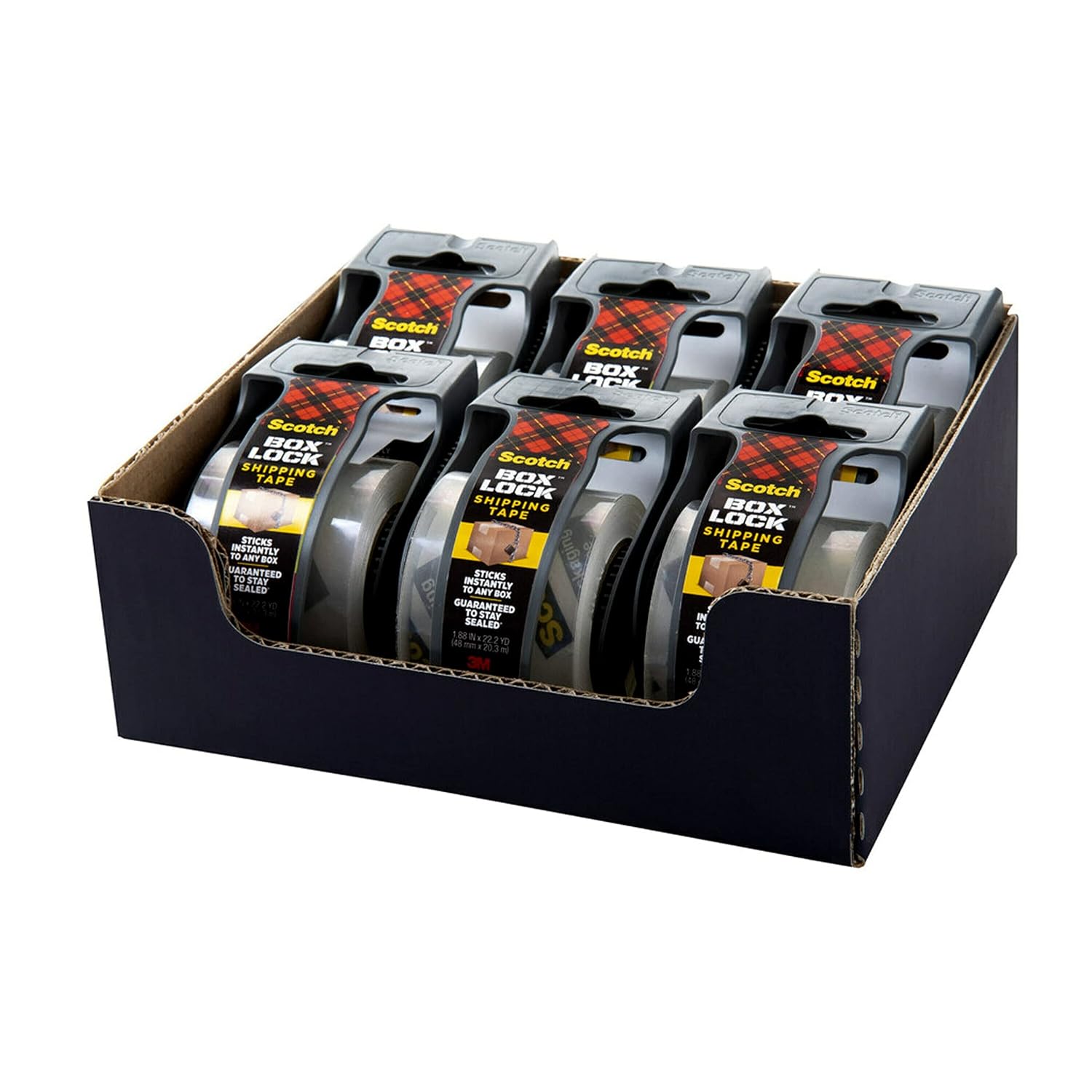 Scotch Box Lock Packing Tape,Clear,Extreme Grip Box Packaging Tape for Shipping and Mailing,1.88 in. x 22.2 yd.,6 Rolls with Dispensers,(Pack of 6)