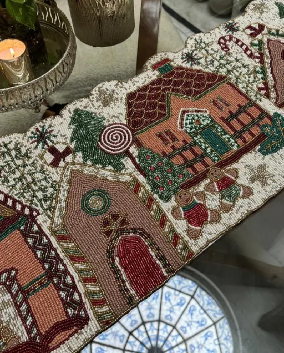 Beaded Table Runner, Christmas Gingerbread House Design, Holiday Winter Theme, Decorative Accent