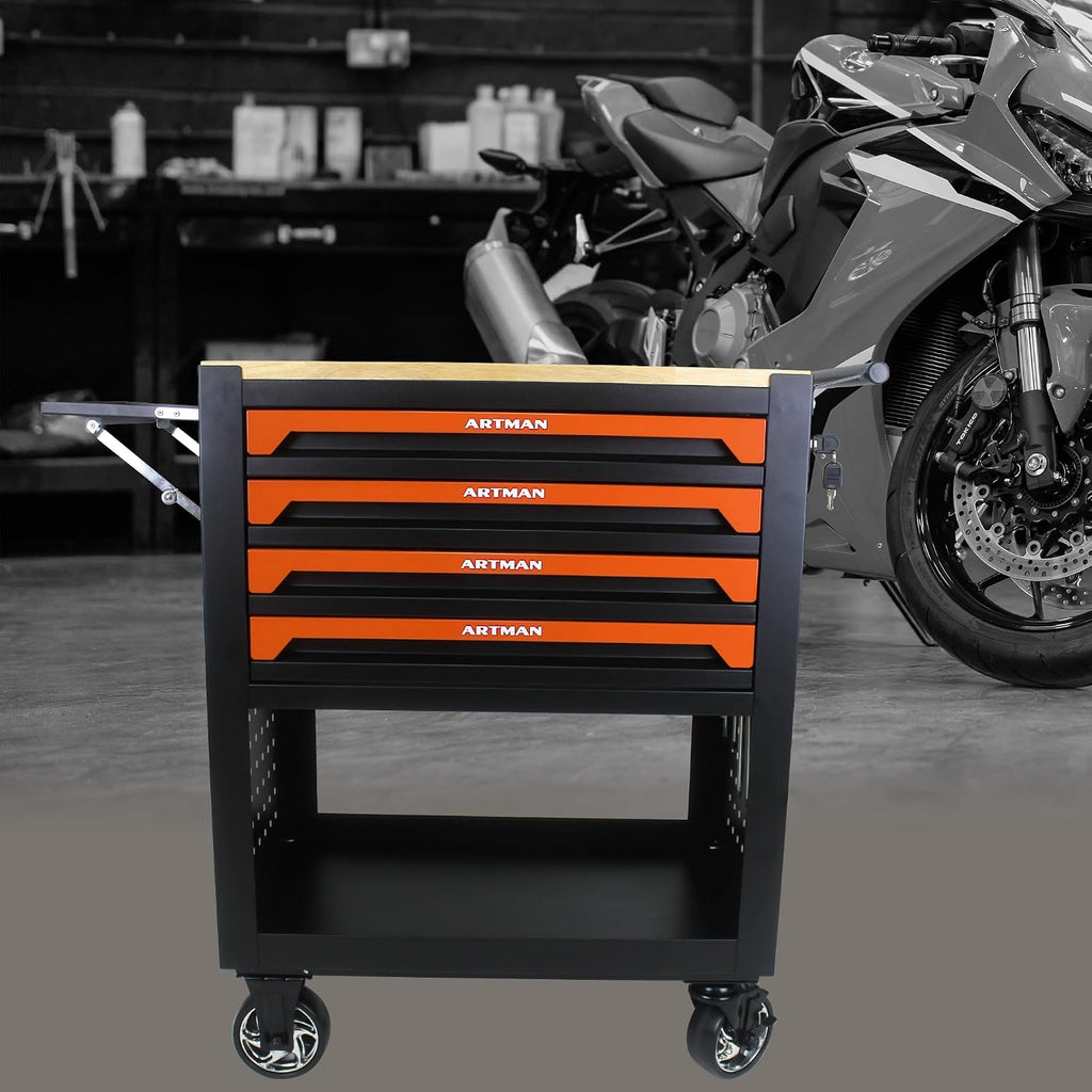 Campfun 4 Drawers Tool Box with Wheels Rolling Tool Cart with Drawers, Workbench Tool Box, Wooden Top Tool Boxes, Metal Multifunction Tool Cart for Garage, Warehouse, Repair Shop, Orange