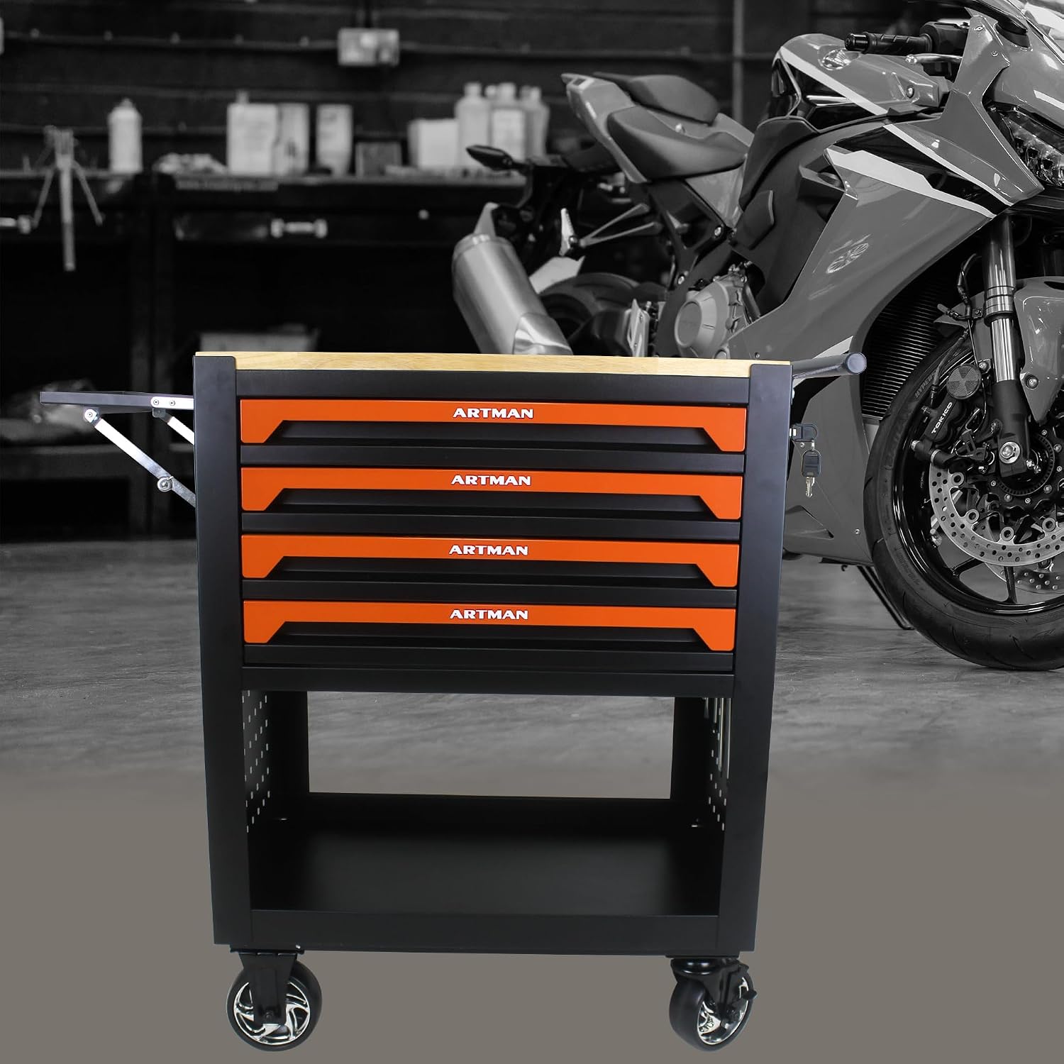 Campfun 4 Drawers Tool Box with Wheels Rolling Tool Cart with Drawers, Workbench Tool Box, Wooden Top Tool Boxes, Metal Multifunction Tool Cart for Garage, Warehouse, Repair Shop, Orange