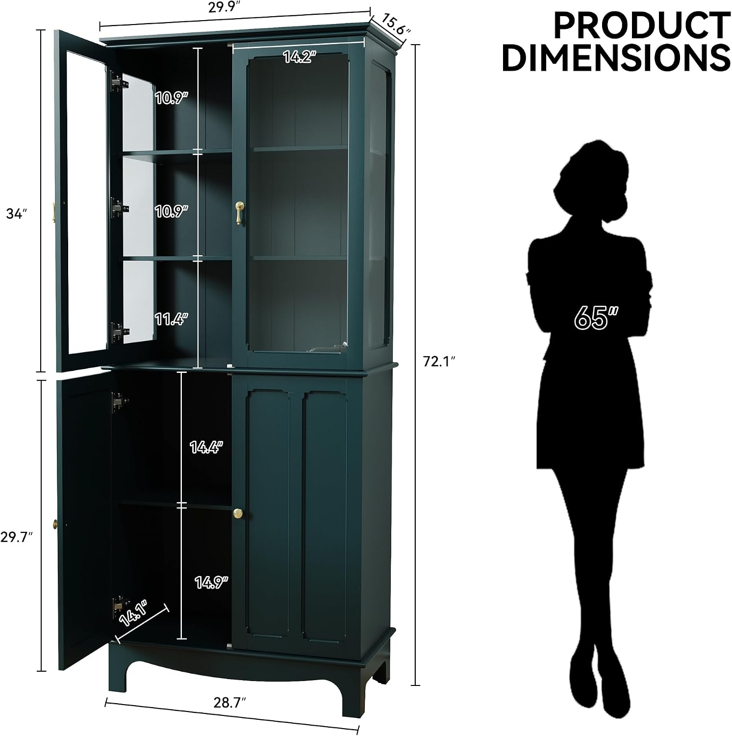 ARTPOWER 72' Freestanding Kitchen Pantry Storage Sideboard, Classical Tall Cabinet with Glass Door and Adjustable Shelves for Kitchen, Livingroom and Dining Room, Dark Teal