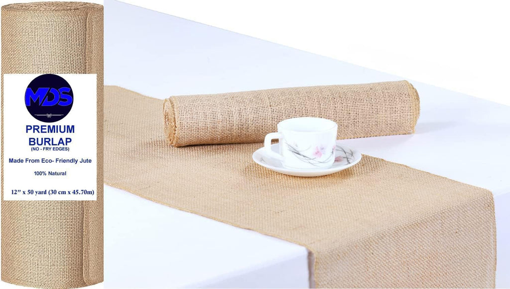 MDS Pack of 5 Wedding Burlap Table Runners 12 Inches x 50 Yards Long Roll for Farmhouse-Style, Woven Jute Fabric Placemats or Centerpieces and Rustic Home Decor for Outdoor Tables - Natural