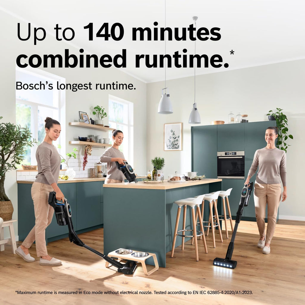 Bosch Unlimited 10 Cordless Stick Vacuum Cleaner - 2 Batteries Included, Up to 140 Min Total, Bendable Tube, Fast Charger, Pet Hair, Hard Floors and Carpets, 7 Accessories, Dark Cream