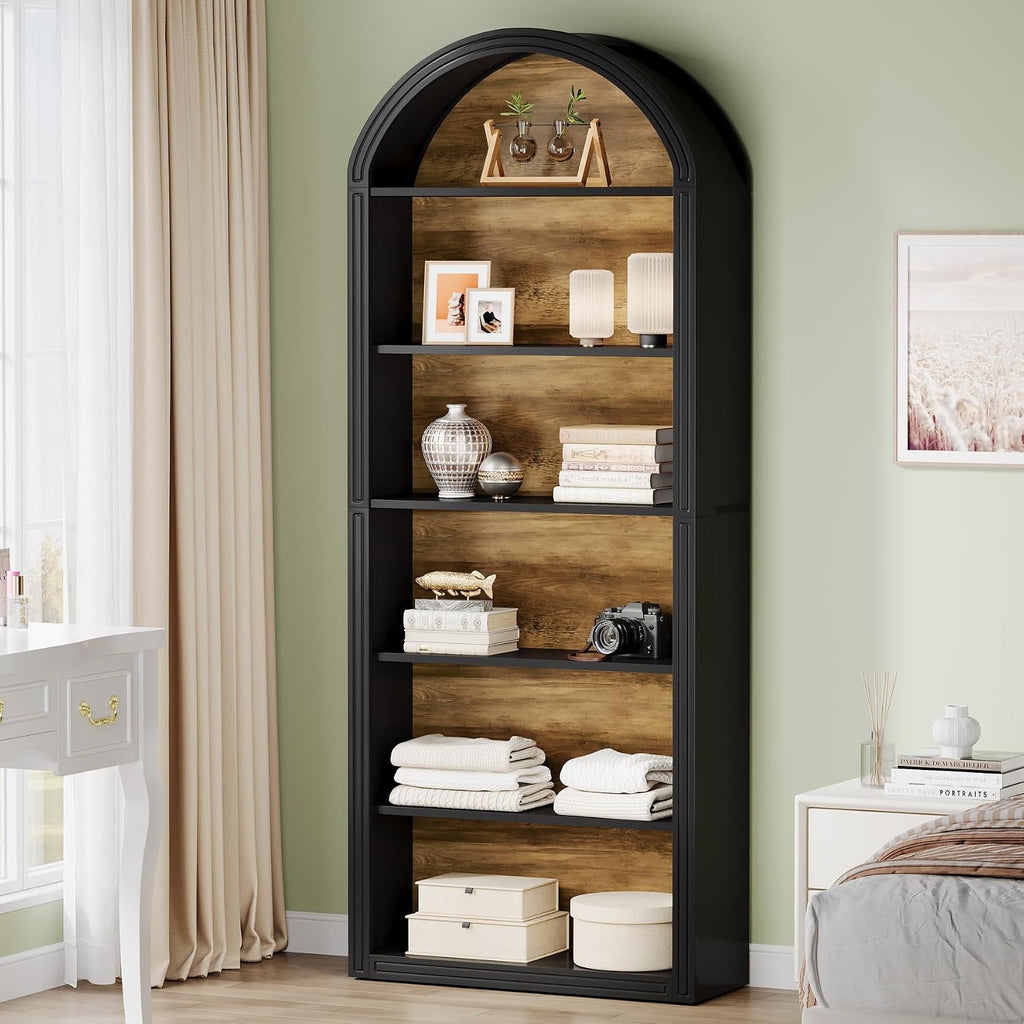 Tribesigns 6-Tier Black Arched Bookshelf, 77.16' Tall Arched Bookcase with Storage Shelves, Floor Standing Open Display Shelving Unit for Living Room, Bedroom, Home Office
