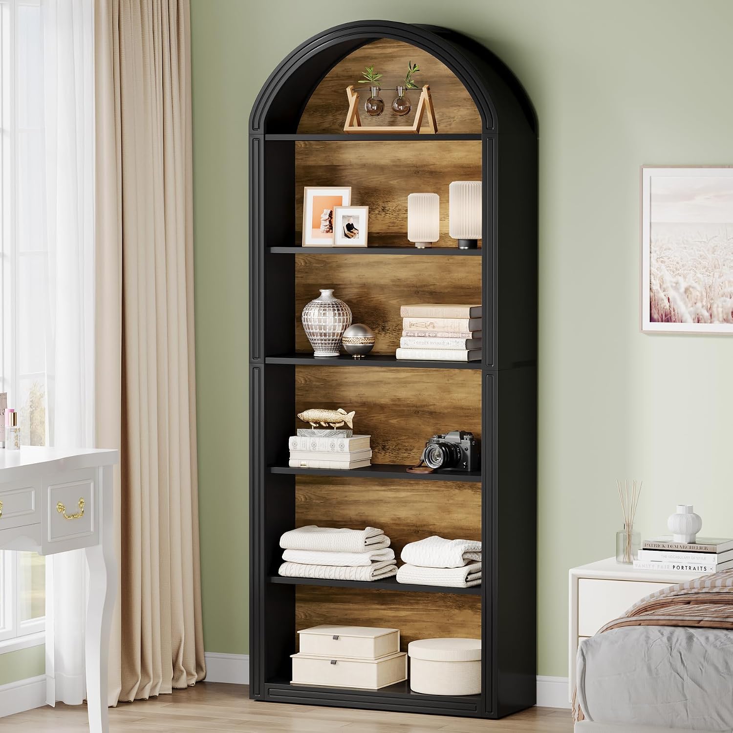 Tribesigns 6-Tier Black Arched Bookshelf, 77.16' Tall Arched Bookcase with Storage Shelves, Floor Standing Open Display Shelving Unit for Living Room, Bedroom, Home Office