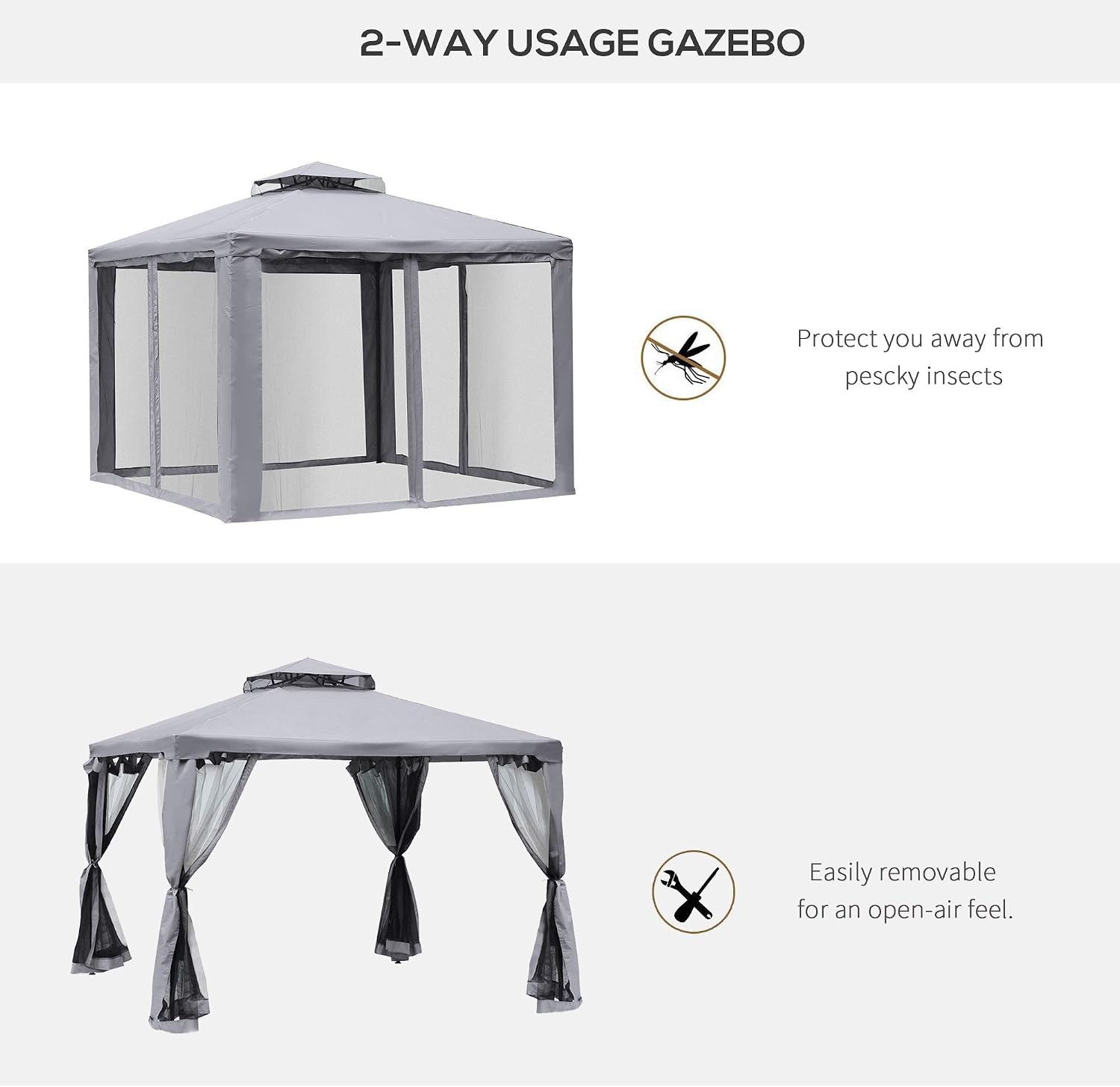 Outsunny 9.6' x 9.6' Patio Gazebo, Outdoor Canopy Shelter with 2-Tier Roof and Netting, Steel Frame for Garden, Lawn, Backyard, and Deck, Gray