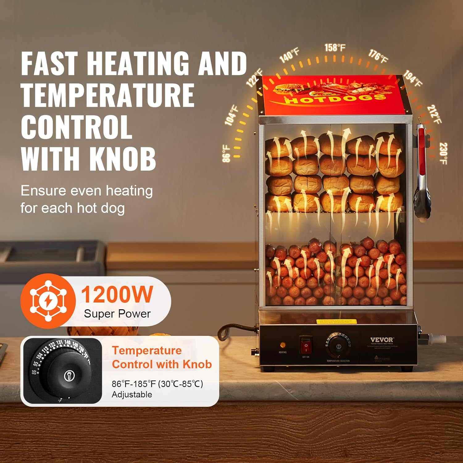 VEVOR Hot Dog Machine, 36 L, 2-Tier Hot Dog Steamer for 200 Hotdogs & 42 Buns, 1200W Electric Bun Warmer Cooker with Rotary Knob Temp Display