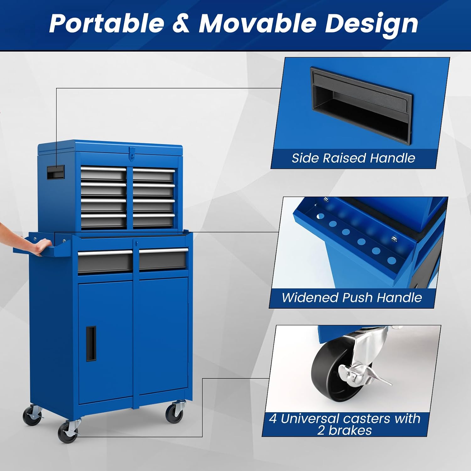 S AFSTAR 5-Drawer Rolling Tool Chest, Tool Storage Cabinet with Lockable Wheels, Adjustable Shelf & Anti-Slip Liner, Detachable Tool Box Organizer, Rolling Tool Cabinet for Garage Workshop (Blue)