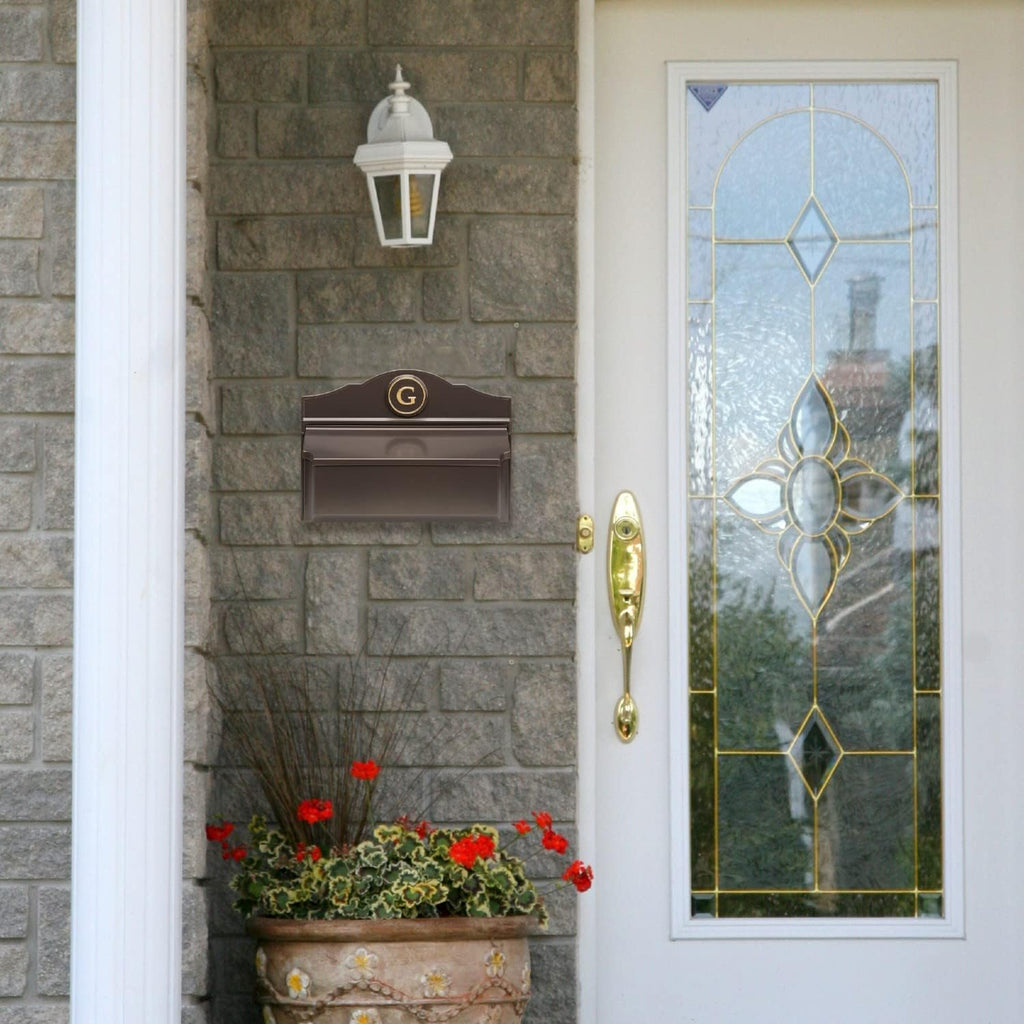 Whitehall Custom Wall Mount Mailbox Package - Mail Box with Monogram, Sand Cast Aluminum, Classic Design Bronze Personalized in Goldtone