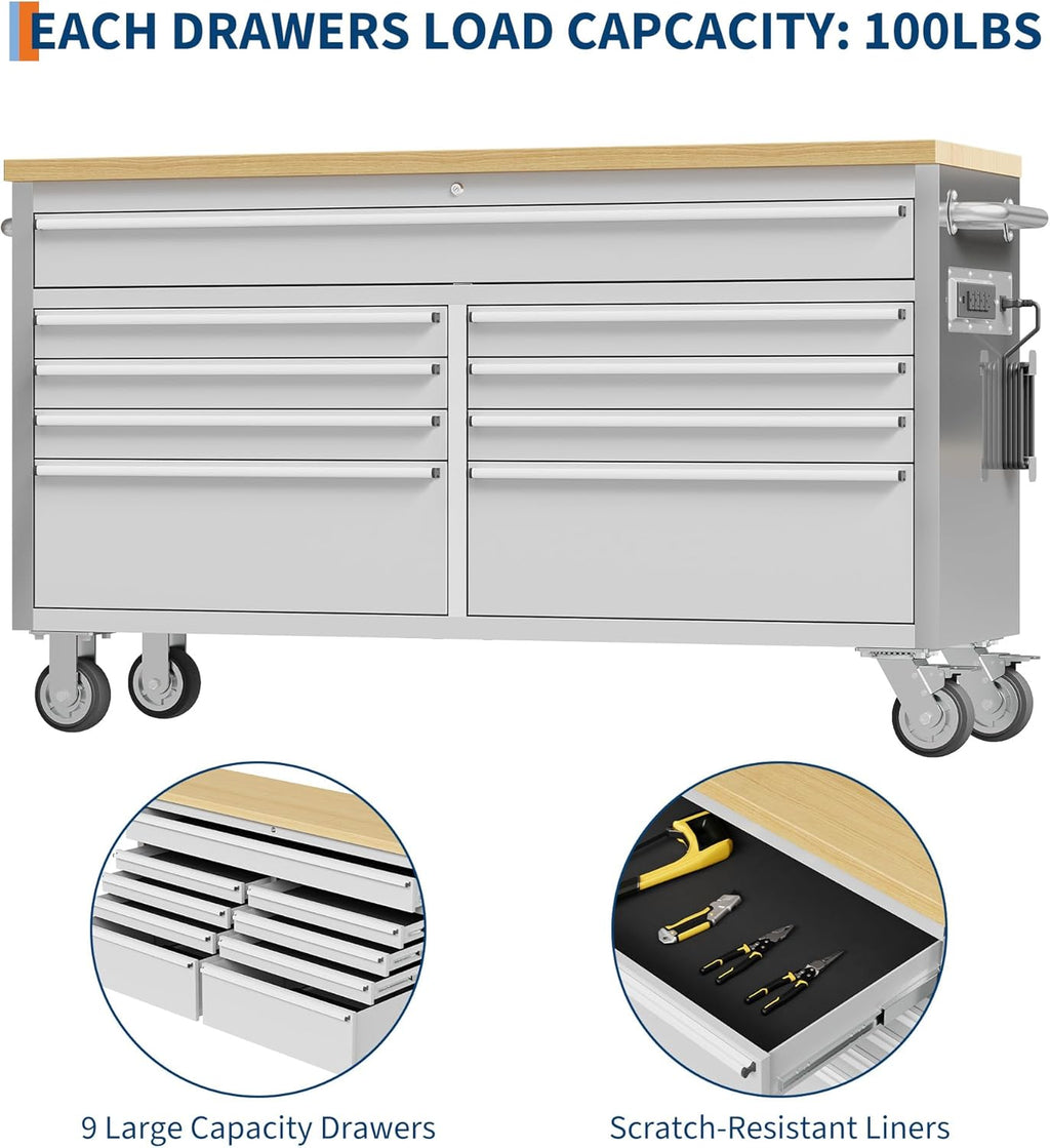 PeakPursuit 61' Rolling Tool Chest with 9 Drawers, Solid Rubber Wood Workbench Top, Locking Wheels & Key Lock, Mobile Garage Tool Cabinet for Workshop Storage & Organization, Silver