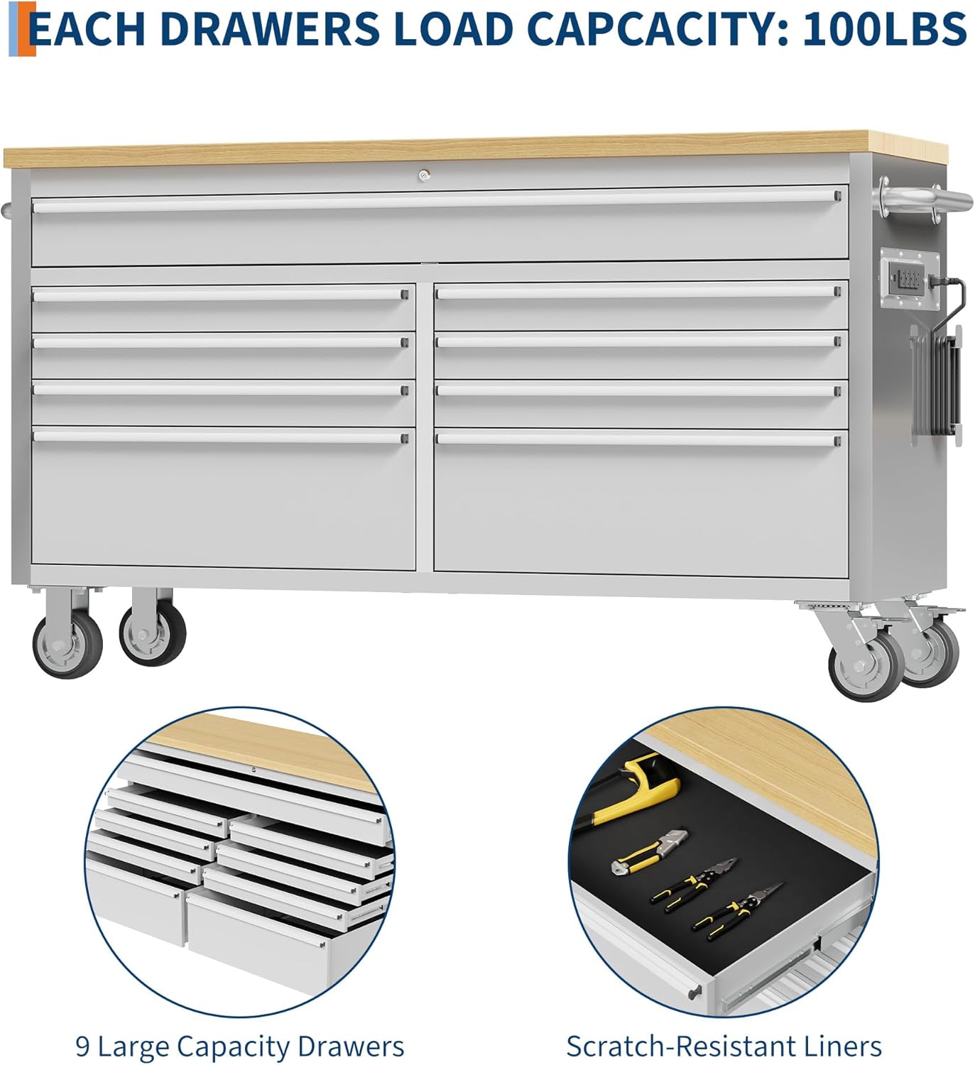 PeakPursuit 61' Rolling Tool Chest with 9 Drawers, Solid Rubber Wood Workbench Top, Locking Wheels & Key Lock, Mobile Garage Tool Cabinet for Workshop Storage & Organization, Silver