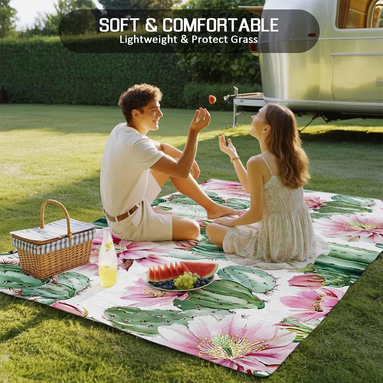 Outdoor Rug 4x6ft Watercolor Pink Flower Green Cactus Patio Area Rugs Waterproof Easy Cleaning Non Shedding Thick Mats Tropical Carpet for Indoor Outdoor Porch Deck Backyard Balcony