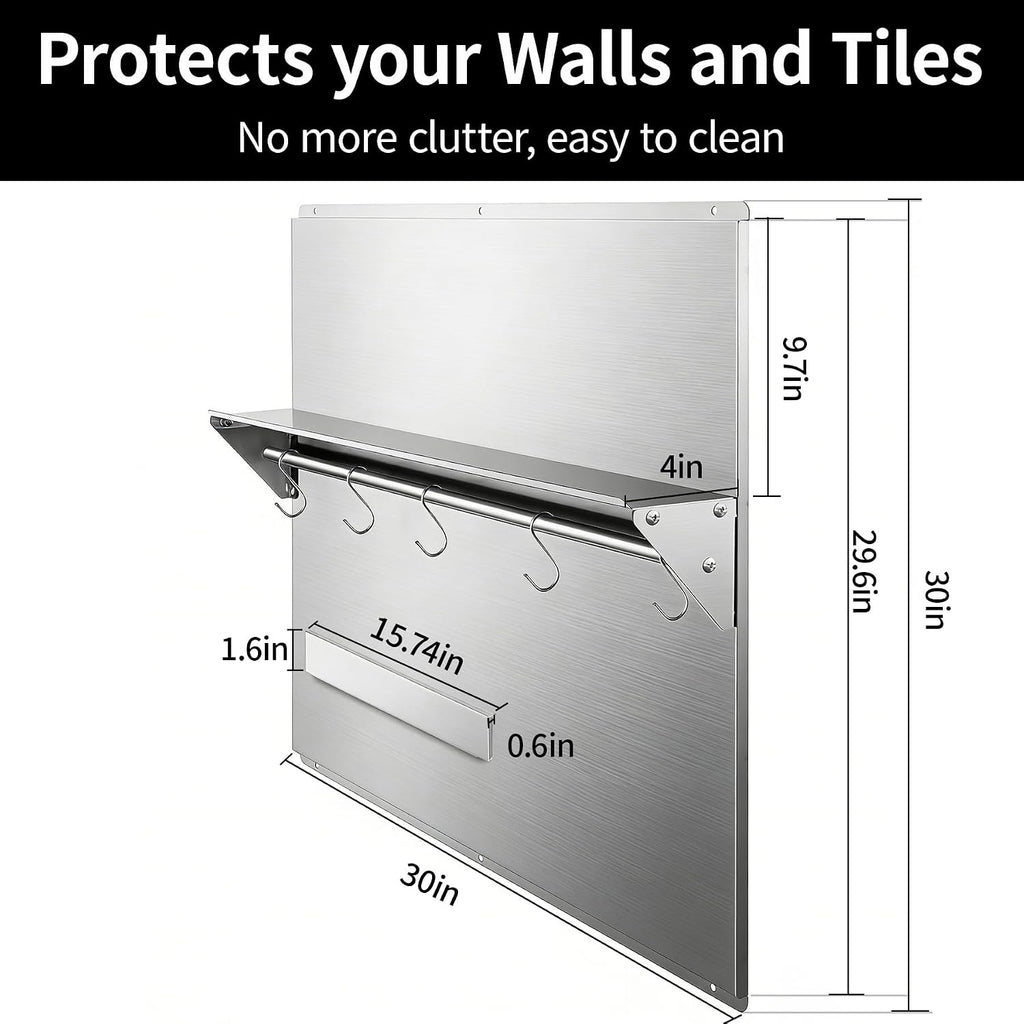 Range Backsplash – 30'x30' 304 Stainless Steel Backsplash with Storage Shelf & Magnetic Knife Holder, Stove Backsplash for Kitchen Wall Protection, Pre-Drilled Holes for Easy Installation & Easy Clean