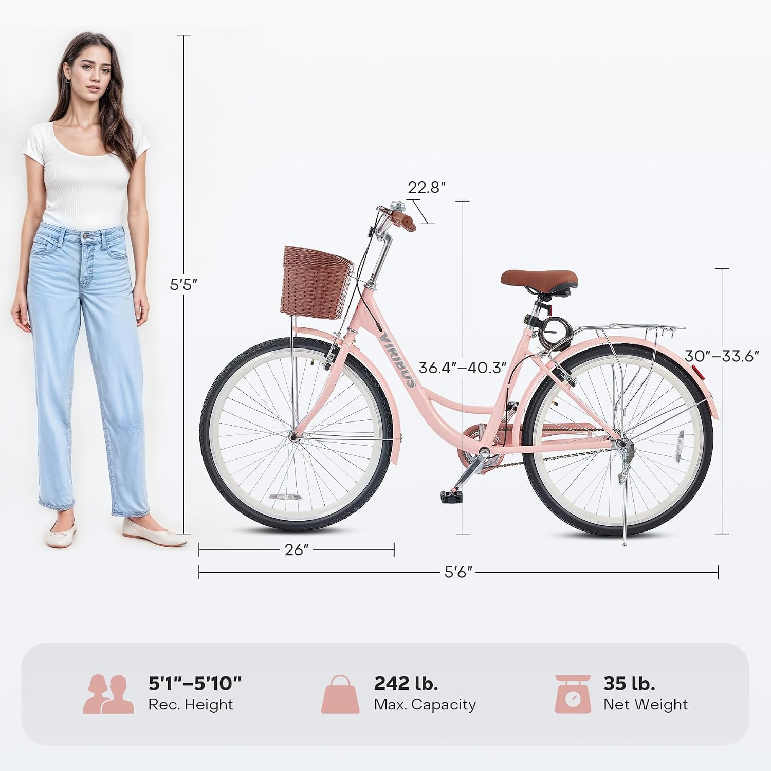 VIRIBUS Beach Cruiser Bike for Women, Single Speed Womens Bike with Basket & Rack 24 26 inch, Retro Step Through Cruiser Bicycle for Petite Short Women Female Ladies City Commuter, 330 lb.
