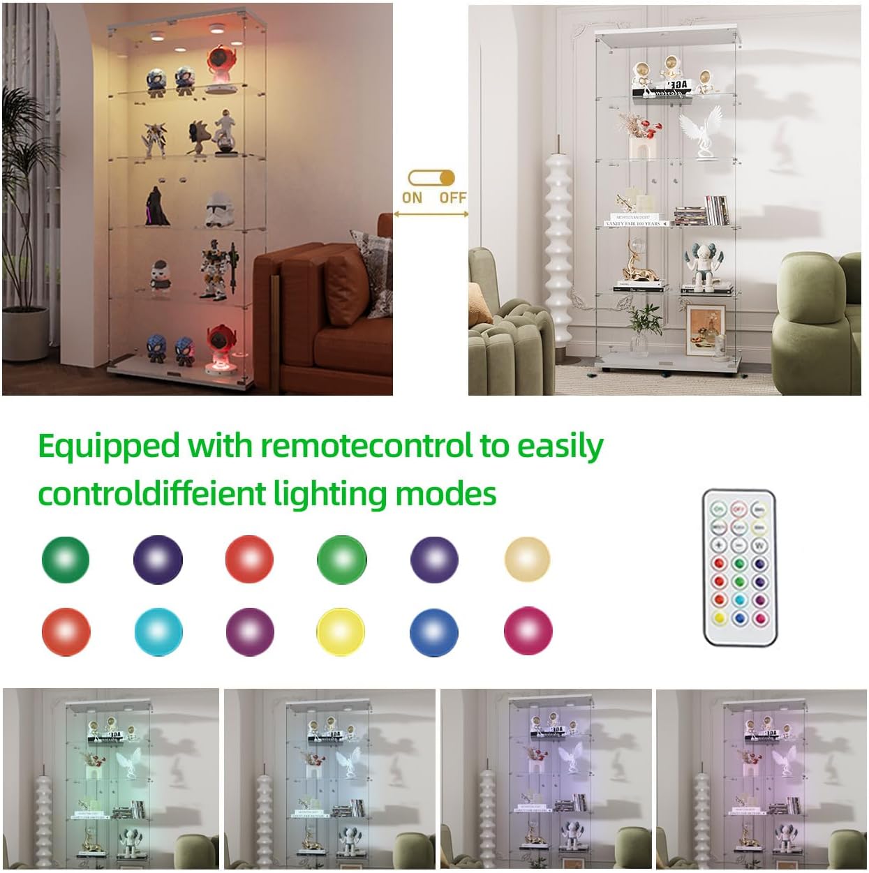 64.69' Tall Tempered Glass Display Cabinet with LED Lights, Curio Cabinet with 5 Shelves with 2 Door, Quick-Install Style Floor Standing Bookshelf File Cabinet for Living Room Office